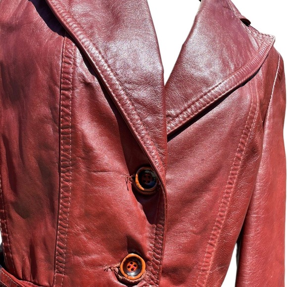 Vintage 70s Gassy Jack Gabriel Levy Cognac Real Leather Jacket Red Brown Belted - Picture 3 of 7